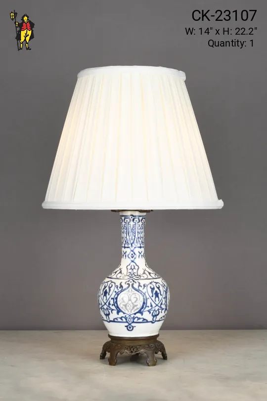 Metal Footed Traditional White & Blue Painted Ceramic Table Lamp