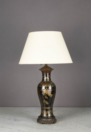 Black & Gold Floral Painted Table Lamp w/Brass Footed Base