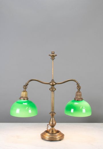 Two Light Adjustable Table Lamp w/Green Glass Shades