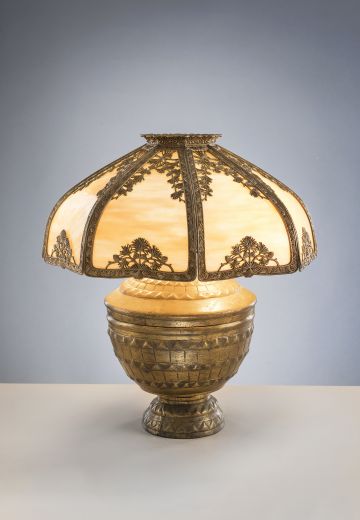 Brass Table Lamp w/Curved Slag Glass Shades