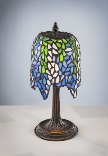 Antique Bronze Table Lamp w/Leaded Glass Shade