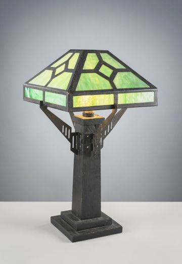 Bronze Mission Style Table Lamp w/Green Slag Glass Sahde