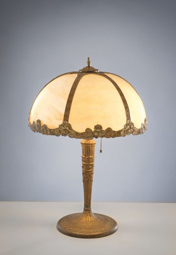 Brass Table Lamp w/Curved Slag Glass Shade