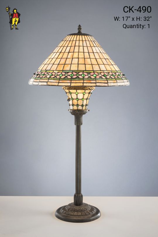 Antique Bronze Mission Style Table Lamp w/Leaded Glass Shade