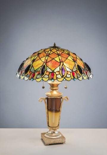 Brass Table Lamp w/Leaded Glass Shade