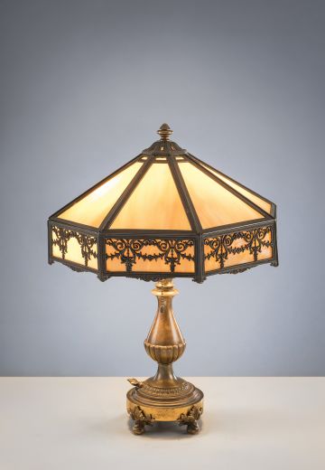 Brass Table Lamp w/Slag Glass Shade