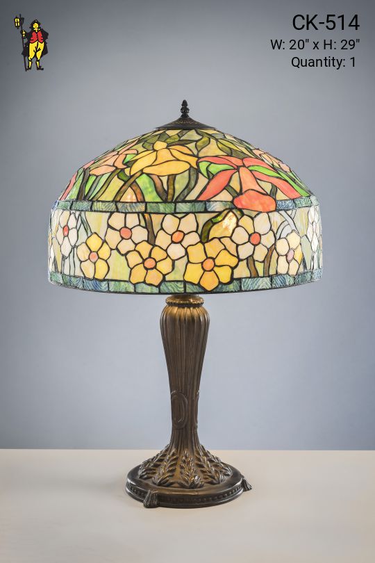 Bronze Table Lamp w/Leaded Glass Shade