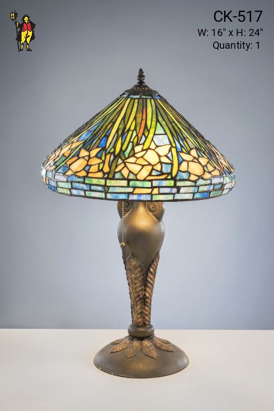 Antique Bronze Table Lamp w/Leaded Glass Shade