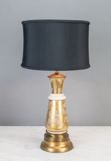 Polished Brass Table Lamp w/White Floral Pattern