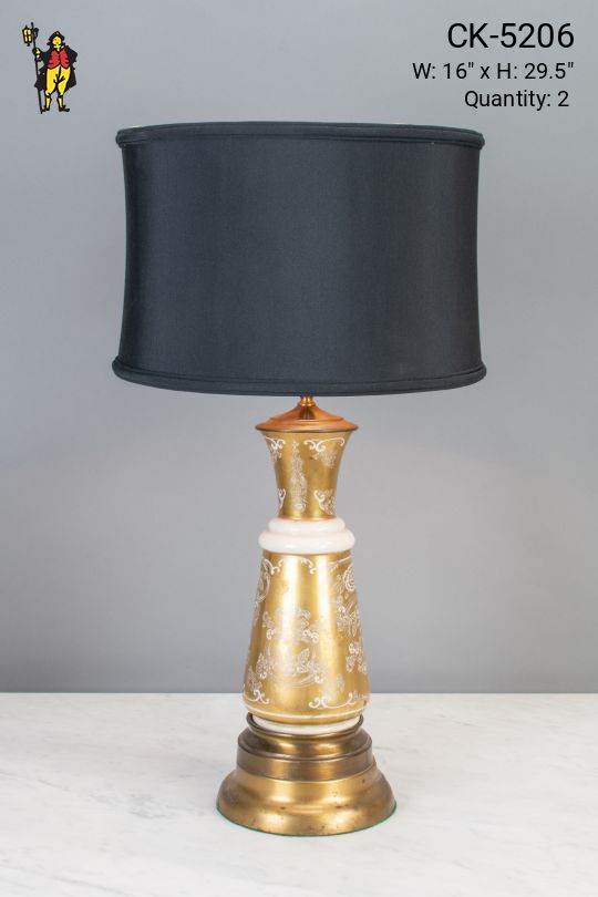 Polished Brass Table Lamp w/White Floral Pattern