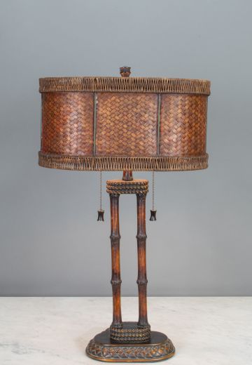 Wooden Two Light Table Lamp w/Woven Shade