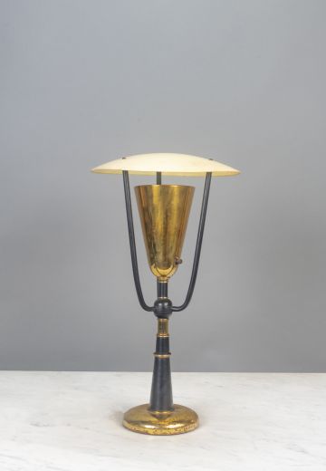 Mid-Century Polished Brass & Black Table Lamp