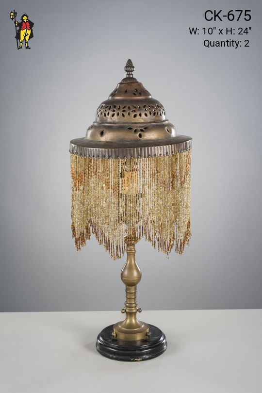 Brass Table Lamp w/Pierced Brass Fringed Shade