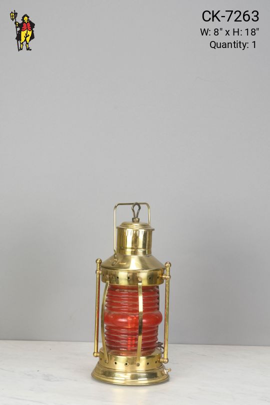 Polished Brass & Red Glass Lantern