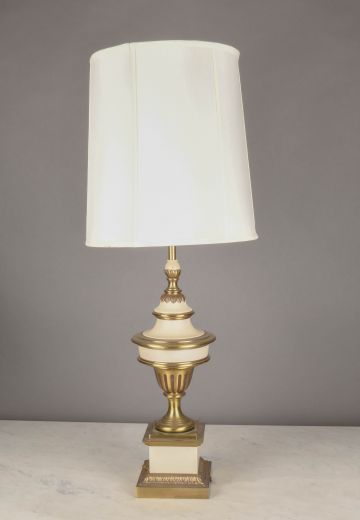 Beige Ceramic & Brass Mid Century Table Lamp