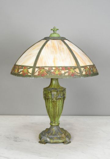 Distressed Green Table Lamp w/Floral Art Glass Shade