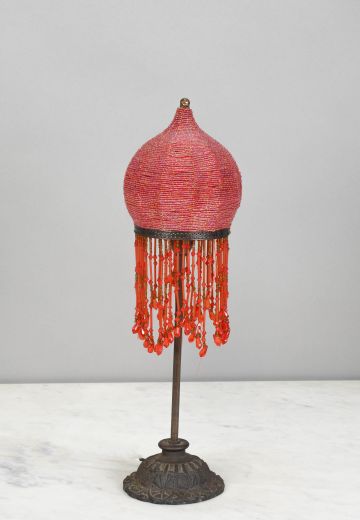 Red Beaded Shade Bronze Table Lamp