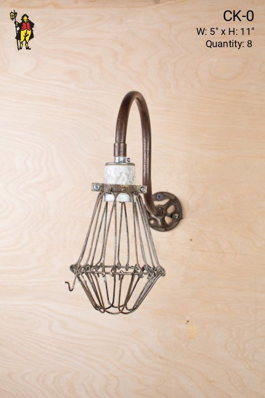 Antique Brass Curved Arm Industrial Wall Sconce w/ Wire Cage