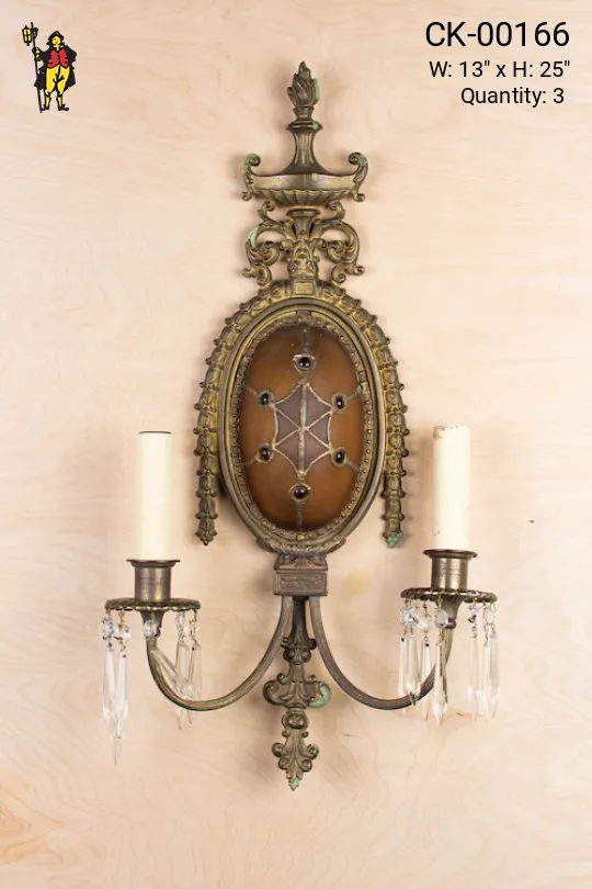 Antique Bronze & Art Glass Wall Sconce With Crystal Drops