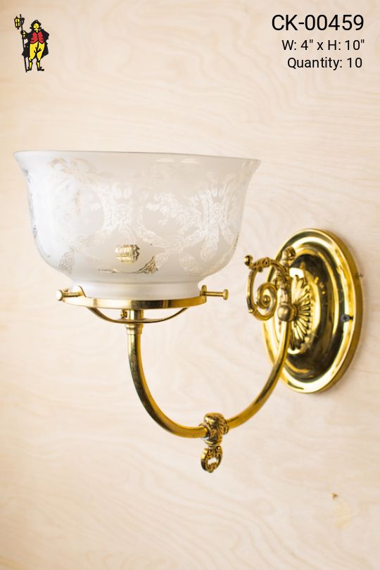 Gas Style Polished Brass Curved Arm Wall Sconce With Etched Glass Shade