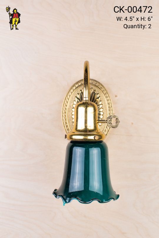 Single Light Polished Brass Wall Sconce With Green Glass Shade