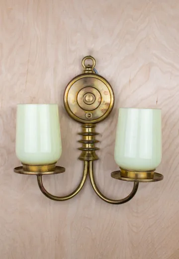 Two Arm Mid Century Wall Sconce With Green Glass Shades