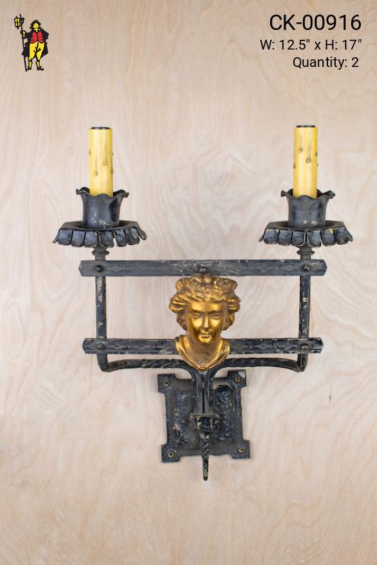 Wrought Iron Gothic Two Candle Wall Sconce w/Brass Bust