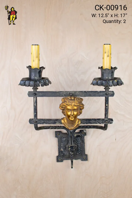 Wrought Iron Gothic Two Candle Wall Sconce w/Brass Bust