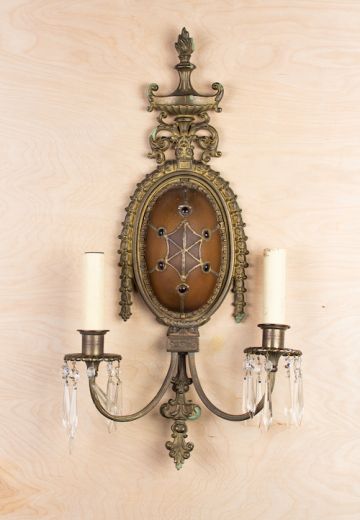 Antique Bronze & Art Glass Wall Sconce With Crystal Drops