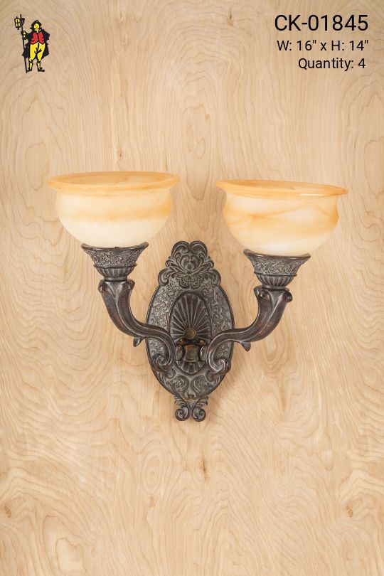 Two Light Dark Bronze Wall Sconce w/Alabaster Shade