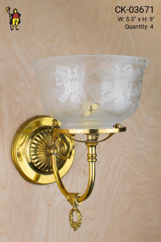 Brass Curved Arm Wall Sconce w/Etched Glass Bowl Shade