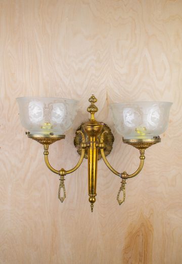 Two Curved Arm Wall Sconce w/Etched Glass Shades