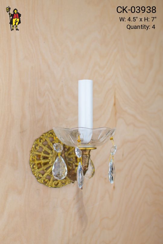 Brass Single Candle Wall Sconce w/Crystal Drops