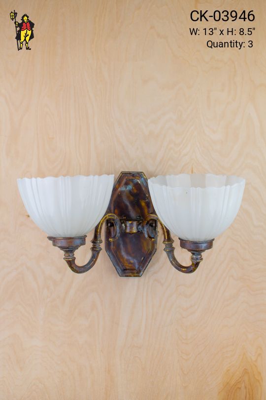 Two Curved Arm Bronze Wall Sconce w/Frosted Glass Shades