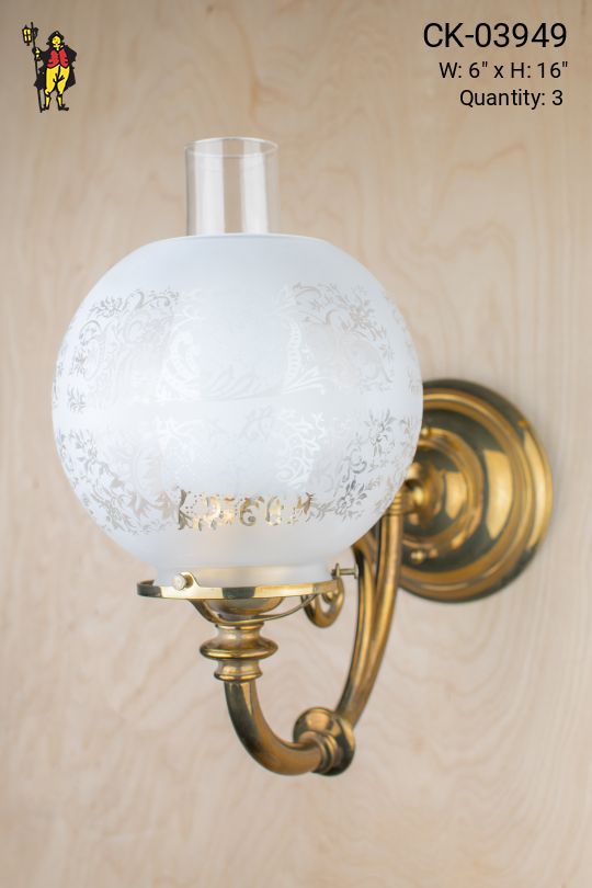Curved Arm Wall Sconce w/Glass Etched Shade & Frosted Glass Chimney