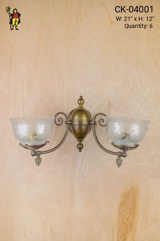 Wide Two Curved Arm Wall Sconce w/Etched Glass Shades