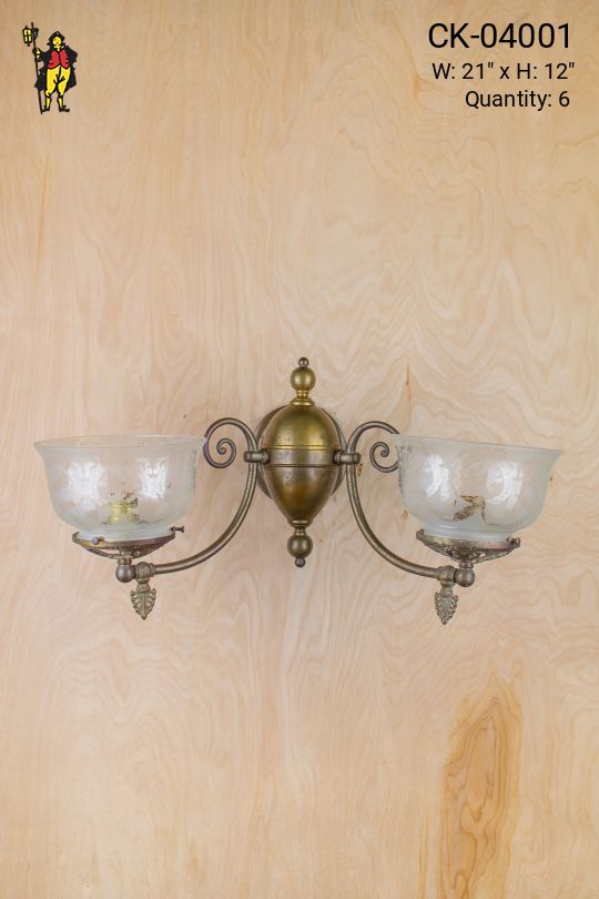 Wide Two Curved Arm Wall Sconce w/Etched Glass Shades