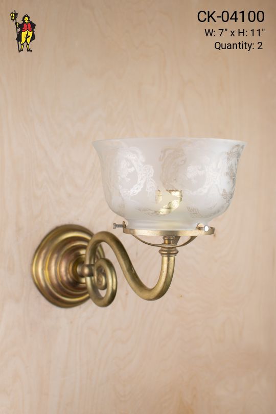 Curved Arm Brass Wall Sconce w/Etched Glass Bowl Shade