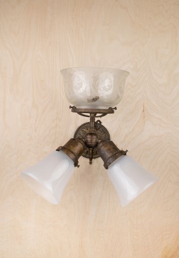 Antique Three Light Wall Sconce w/Frosted Glass & Etched Bowl Shades