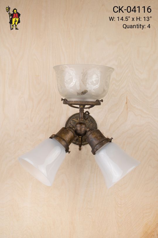 Antique Three Light Wall Sconce w/Frosted Glass & Etched Bowl Shades