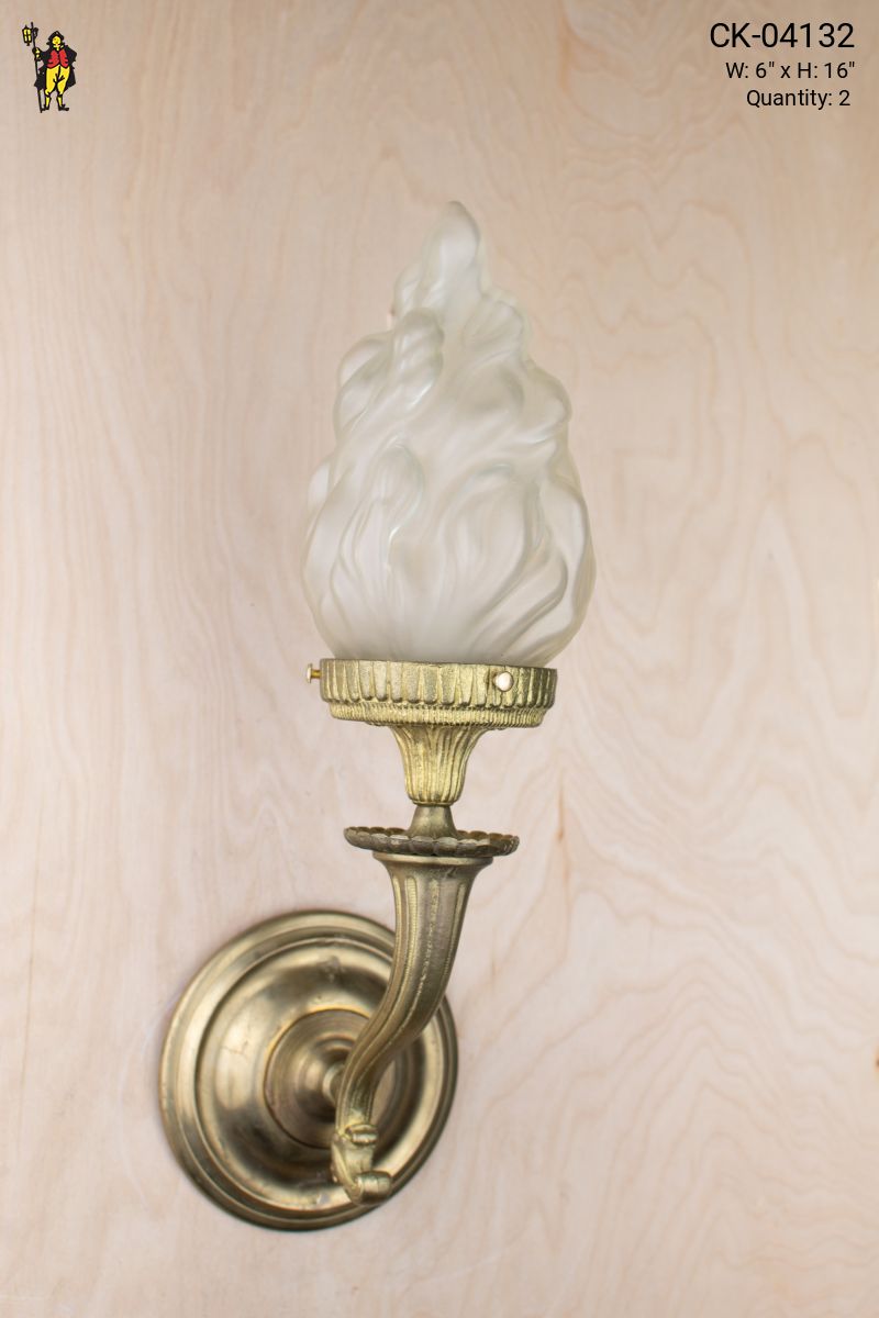 Brass Curved Arm Torch Sconce w Glass Flame Shade Wall Lights Collection City Knickerbocker Lighting Rentals