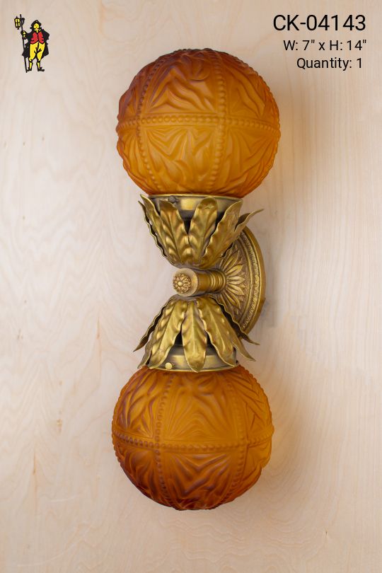 Two Light Brass Wall Sconce w/Amber Globe Shades