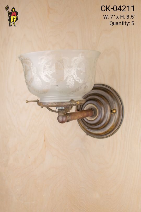 Straight Arm Brass Wall Sconce w/Etched Glass Bowl Shade