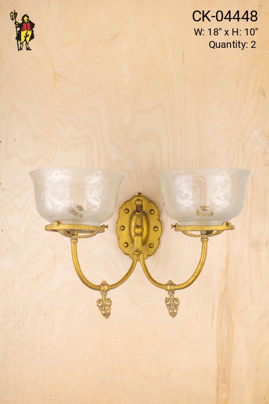 Two Curved Arm Brass Wall Sconce w/Etched Glass Bowl Shades
