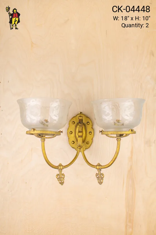 Two Curved Arm Brass Wall Sconce w/Etched Glass Bowl Shades