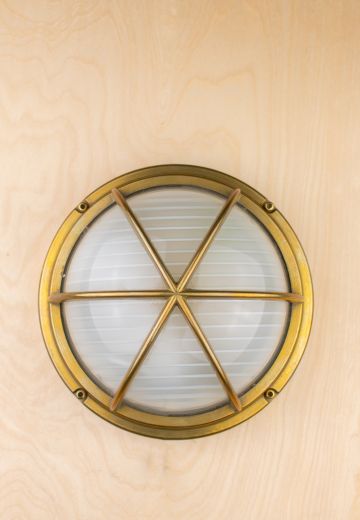 Round Brass Cage Wall Sconce w/Frosted Glass