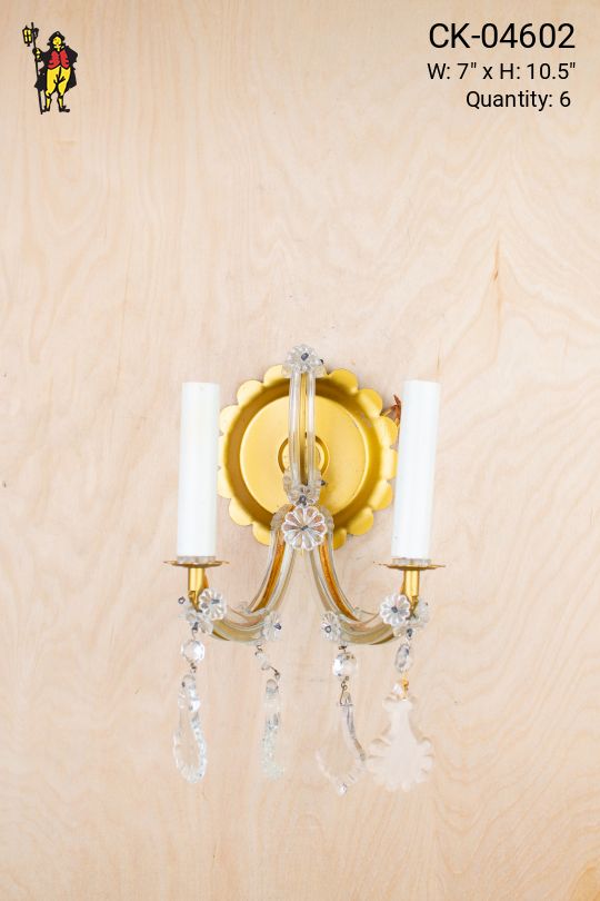 Two Candle Brass Wall Sconce w/Crystal Drops