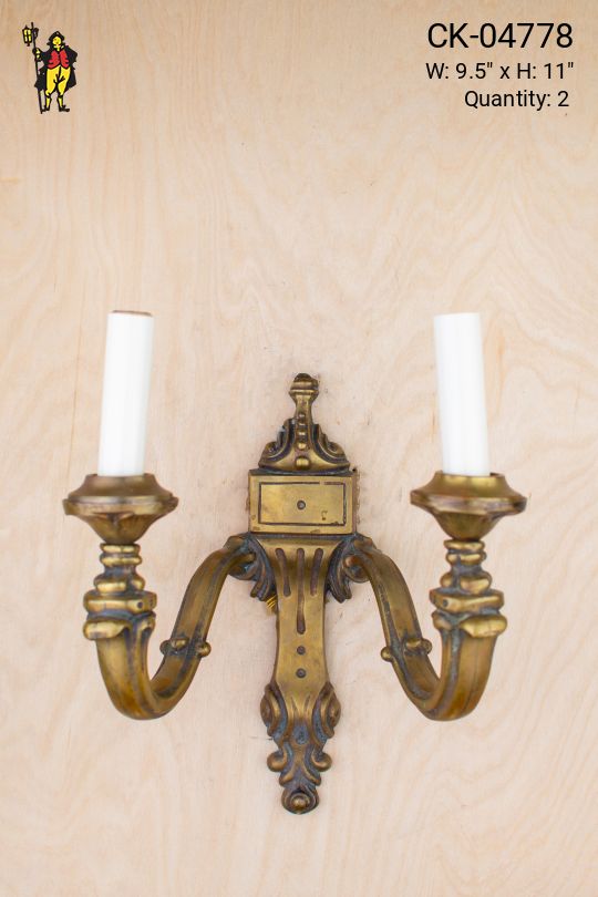 Two Candle Curved Brass Arm Wall Sconce
