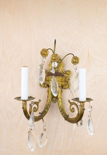 Two Candle Victorian Brass Wall Sconce w/Crystal Drops