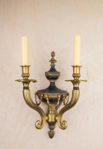 Two Candle Art Deco Black & Brass Wall Sconce